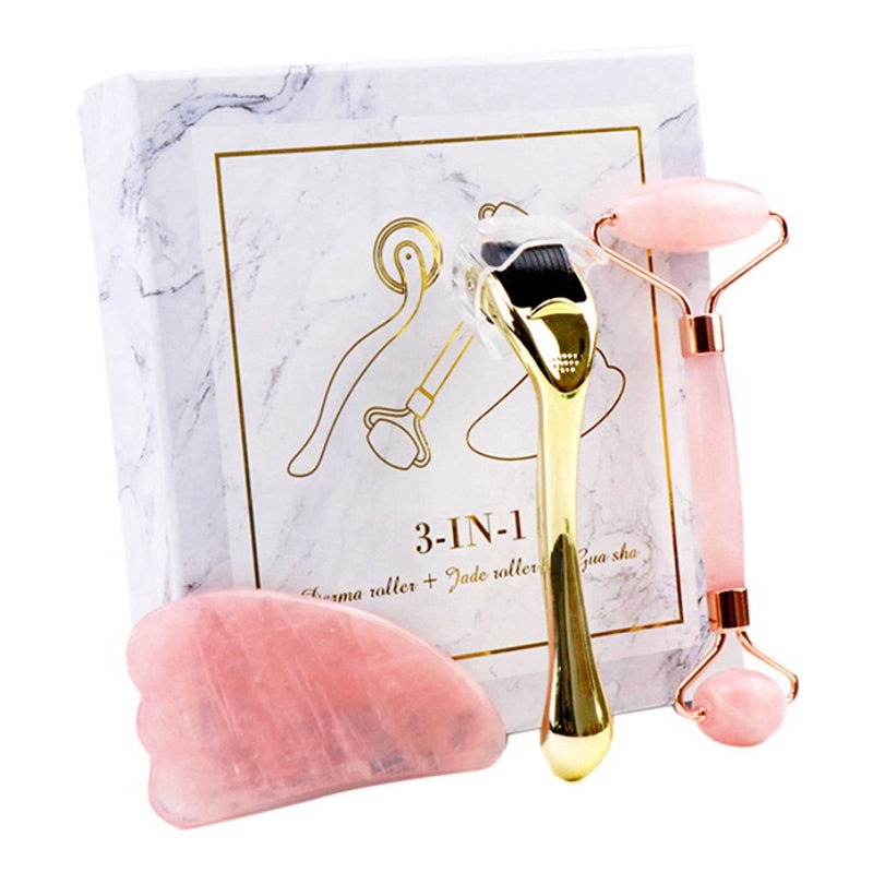 RoséGlow Gua Sha & Roller Set - rose quartz facial roller and gua sha spa set
